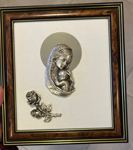 Cuadro Virgen con niño y rosa