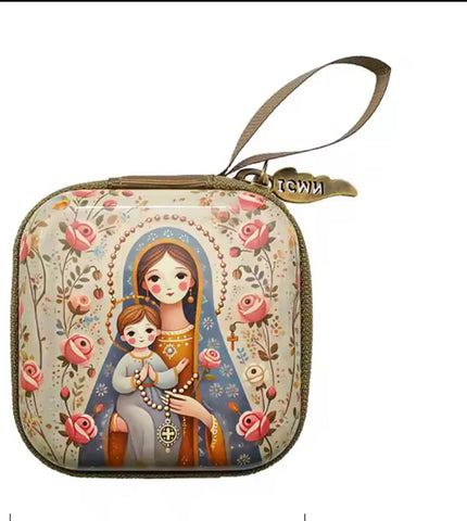 Caja para guardar cadena o rosario Virgen María y Jesús
