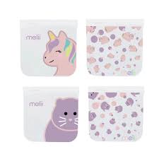 Pack 4 bolsas reutilizables para snack unicornio gato